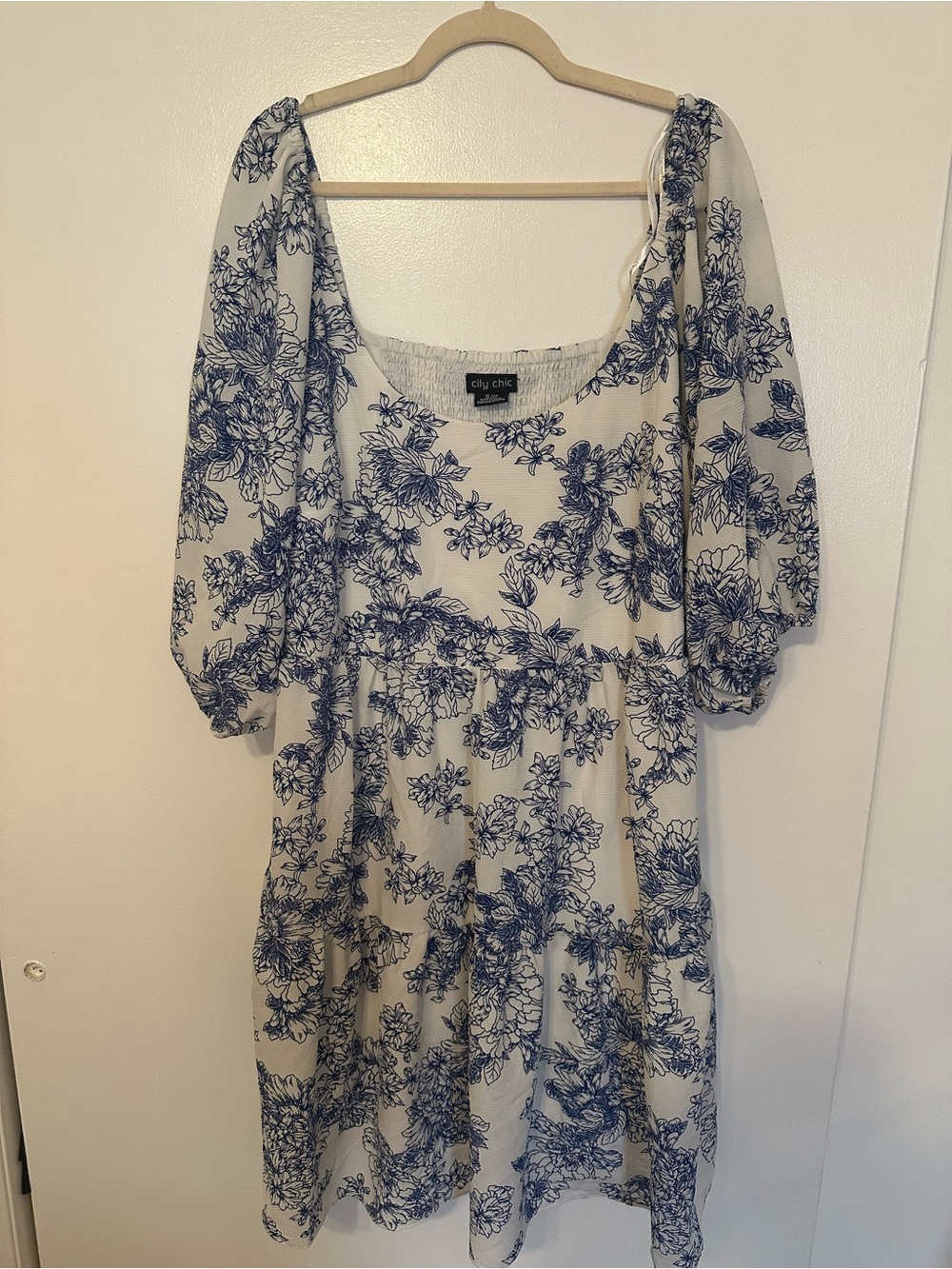 City Chic White Dress with Blue Floral Print and Puff Sleeves